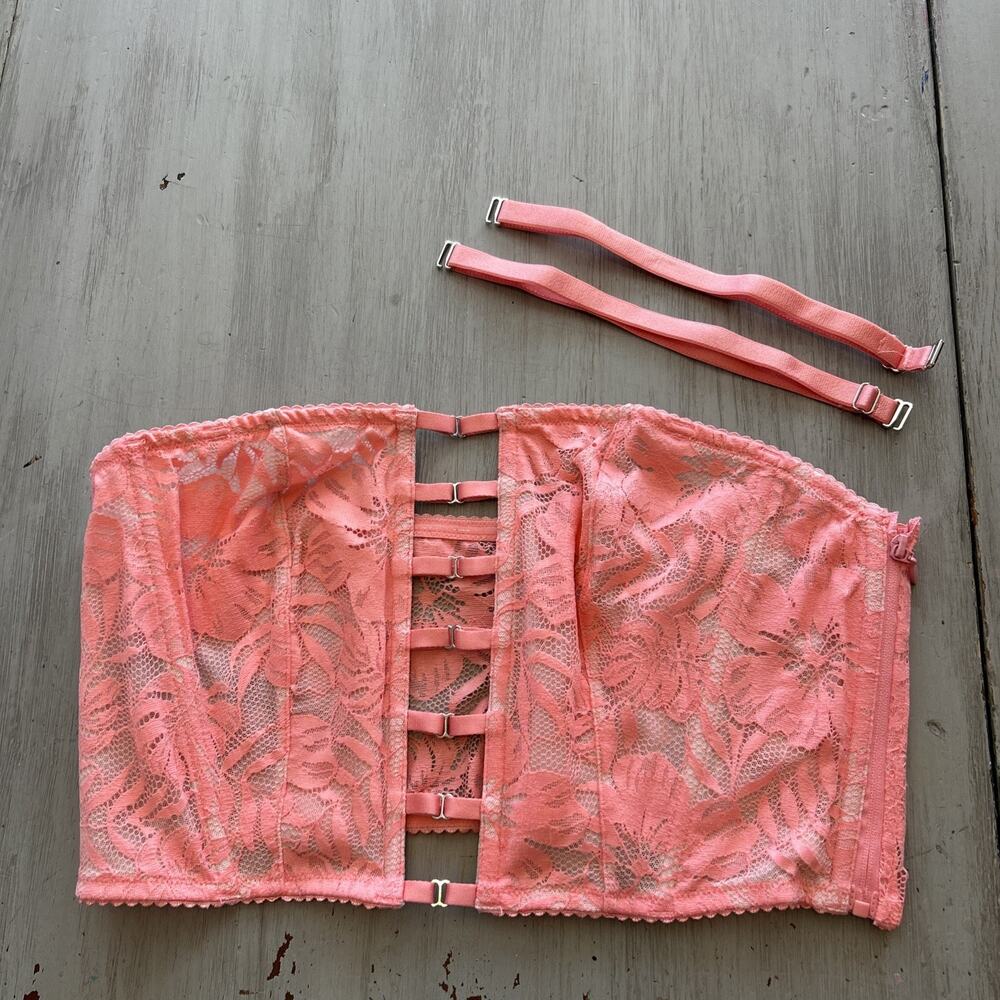 Victorias Secret Pink Coral Lace Bandeau Bustier Bra Sz XL Side Zip Coquette